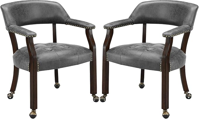 LEEMTORIG Set of 2 Dining Chairs with Casters and Arms, Rolling Dining Chairs with Wheel for Elderly, Ergonomic Wide Seat Wood Office Desk Chairs, 26"Dx25.2"W, Espresso Legs&Dark Grey Fabric SY-318-GY