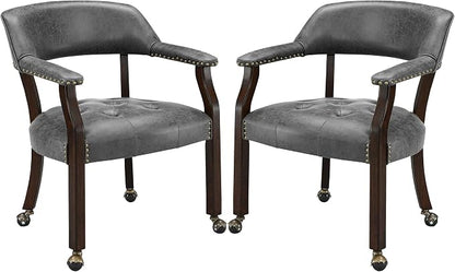 LEEMTORIG Set of 2 Dining Chairs with Casters and Arms, Rolling Dining Chairs with Wheel for Elderly, Ergonomic Wide Seat Wood Office Desk Chairs, 26"Dx25.2"W, Espresso Legs&Dark Grey Fabric SY-318-GY