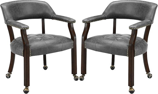 LEEMTORIG Set of 2 Dining Chairs with Casters and Arms, Rolling Dining Chairs with Wheel for Elderly, Ergonomic Wide Seat Wood Office Desk Chairs, 26"Dx25.2"W, Espresso Legs&Dark Grey Fabric SY-318-GY