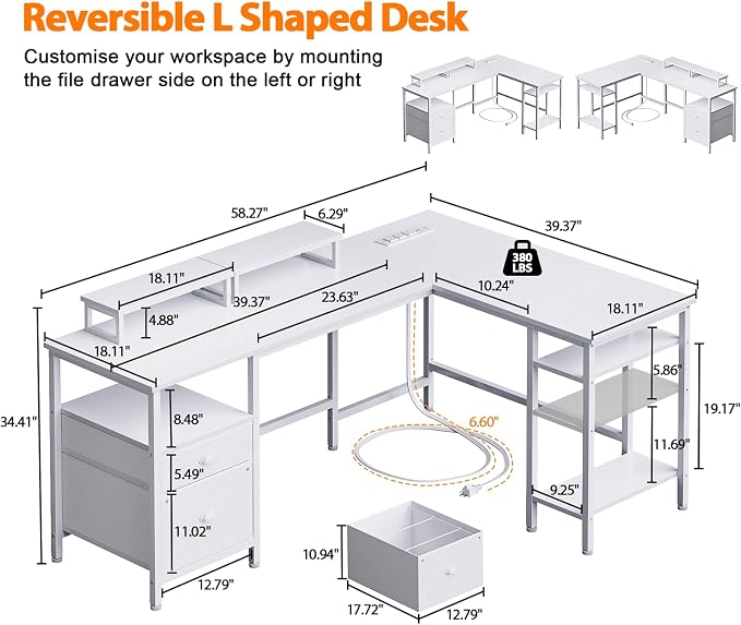 Furologee White 59” L Shaped Desk with Power Outlet, Reversible Computer Desk with File Drawer & 2 Monitor Stands, Corner Home Office Table with Storage Shelves for Gaming Writing