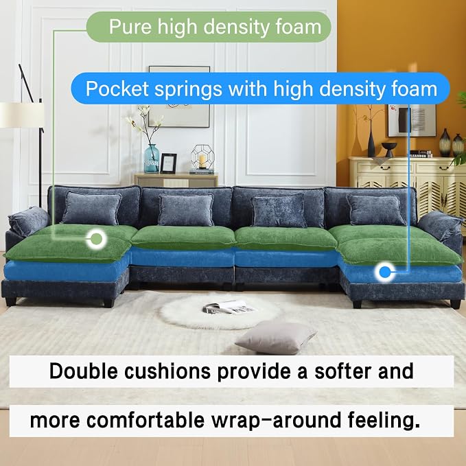 Oprisen 154" Modular Sectional Sofa, Comfy Cloud Couch Sectional Sofa with Ottoman, Chenille Sofa Sleeper Deep Seat Sofa with Throw Pillows for Living Room (Blue, 154"- U Shape)