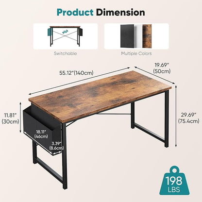 OLIXIS Computer Desk, 55 Inch Home Office Desks for Small Spaces, Writing Craft Study Gaming Table for Bedroom, Modern Computer Workstation with Storage Bag, Rustic Brown