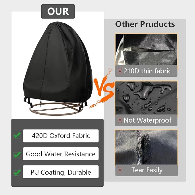 FLYMEI Patio Egg Chair Covers with Zipper, 420D Wicker Egg Swing Chair Covers, Waterproof Heavy Duty Weather Resisatnt Outdoor Chair Cover, Windproof Hanging Chair Cover, 75" x 45", Black, 1 Pack
