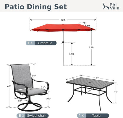 PHI VILLA 8 Piece Patio Dining Set with 13ft Patio Umbrella (Orange Red), 6 Outdoor Swivel Dining Chairs & 1 Large Metal Dining Table for Deck Lawn Garden (No Umbrella Base)