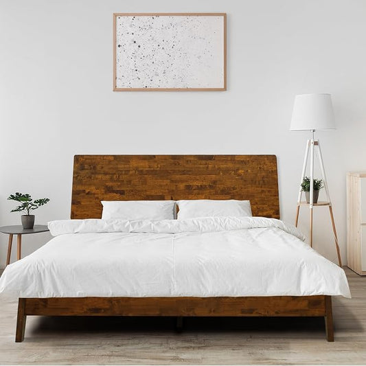 Acacia Serenity Bed Frame with Headboard Solid Wood Platform Bed, Queen Bed Frame, Tall Headboard Wood Bed Compatible with All Mattress Types, No Box Spring Needed, Quick & Easy Assembly, Caramel