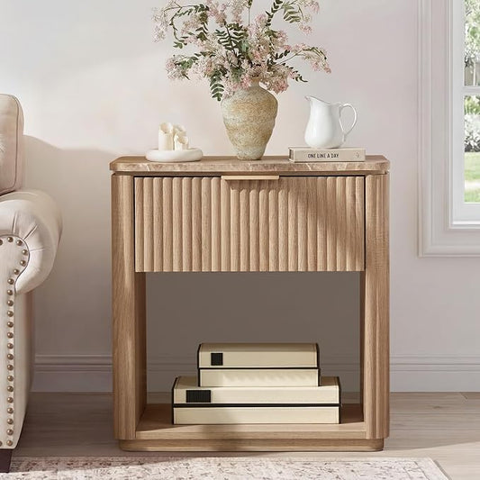 Fluted Nightstand with Faux Marble Top, Modern Bedside Table | FSC-Certified Engineered Wood, 24" H, 1 Drawer and 1 Storage Shelf, Rounded Corner, Metal Handle, for Bedroom, Natural Oak