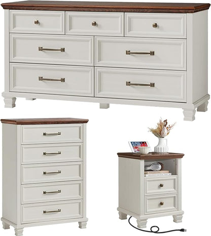SAVOR LIFE Farmhouse Dresser and Nightstand Sets 3 Piece, 5/7 Drawer Dresser & 2 Drawer Nightstand Set, Rustic Wood Bedroom Furniture Set for Home, Bedroom, Hallway, White