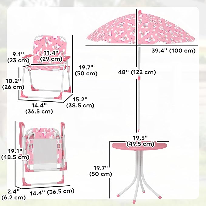 Qaba Kids Picnic Table and Chair Set, Outdoor Activity Table with Foldable Chairs, Removable Umbrella, Unicorn and Rainbow Pattern Toddler Patio Furniture for Backyard, Garden, Pink