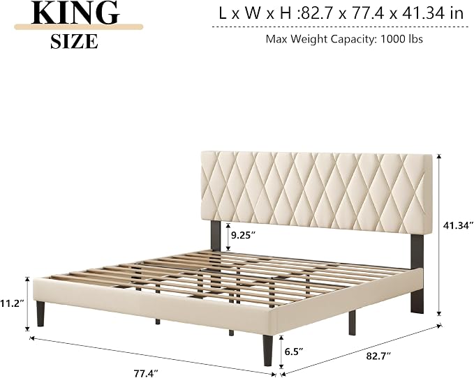 CXVX King Size Bed Frame with Diamond Tufted Headboard, Velvet Upholstered Platform Bed and Wooden Slat Support, Noise-Free, No Box Spring Needed, Easy Assembly, Beige