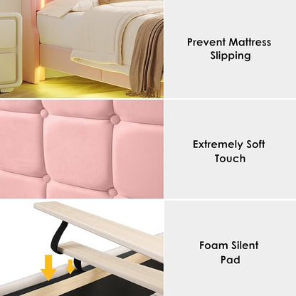 Keyluv Full Floating Bed Frame with Storage Headboard, LED Lights & Charging Station Platform Bed, Soft Upholstered Velvet, USB/Type-C Ports, Easy Assembly, Pink