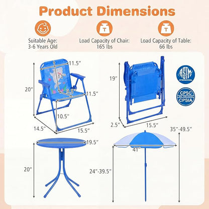 HONEY JOY Kids Picnic Table, Animal Themed Toddler Outdoor Table and Chair Set, 2 Folding Chairs & Removable Umbrella, Children Outdoor Furniture for Backyard Patio Garden (Blue Shark)
