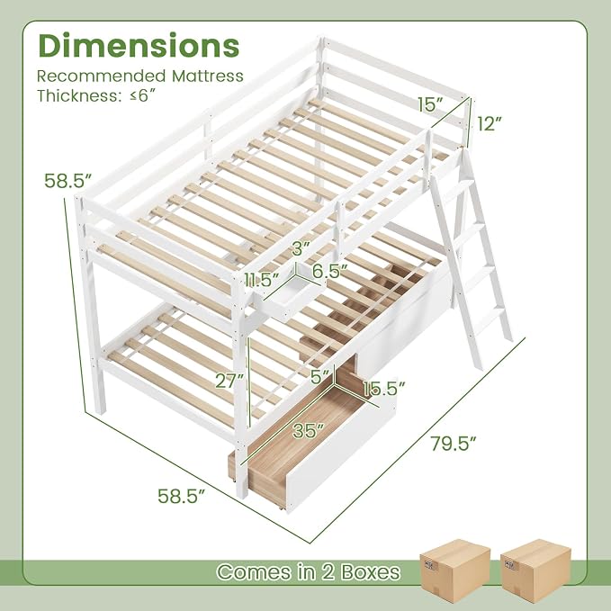 KOMFOTT Twin Over Twin Bunk Bed with 2 Roll-Out Drawers, Wood Bunk Bed Frame with Removable Storage Box, Bunk Bed with Ladder & Safety Guardrail for Dorm Apartment Home, No Box Spring Needed (White)