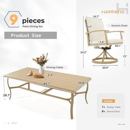 HAPPATIO Aluminum 9 Piece Patio Dining Set, Outdoor Swivel Dining Chairs and Dining Table, Aluminum Outdoor Dining Set for 8, Patio Dining Furniture with Washable Cushions (Beige)