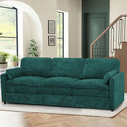 89” Chenille Sofa w/Arm Pillows, Upholstered 3-Seater Sofa w/Comfortable Back Cushions, Modern 3 Seats Couch w/High-Density Foam for Living Room, Apartment, Office, Teal