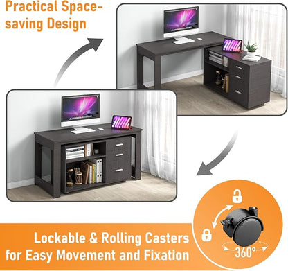MU 55inch L Shaped Desk, Corner Computer Desk with 3 Drawers and 2 Shelves, Writing Office Table with Storage File Cabinet, Large Executive Desk with Wheels for Home Office, Bedroom (Grey)
