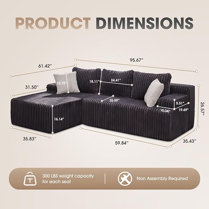 Hobestluk Boneless Couch Modular Sectional Sofa L-Shape Cloud Couch Lounge | 96" Left Facing Chaise Darkgrey,Memory Foam,Removable Cover,Non-slip Bottom,No Assemble Required,Furniture for Small Home