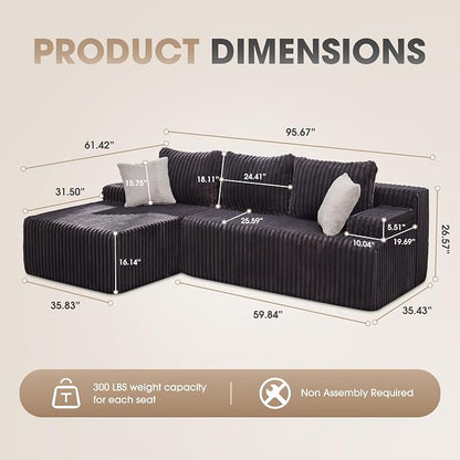Hobestluk Boneless Couch Modular Sectional Sofa L-Shape Cloud Couch Lounge | 96" Left Facing Chaise Darkgrey,Memory Foam,Removable Cover,Non-slip Bottom,No Assemble Required,Furniture for Small Home