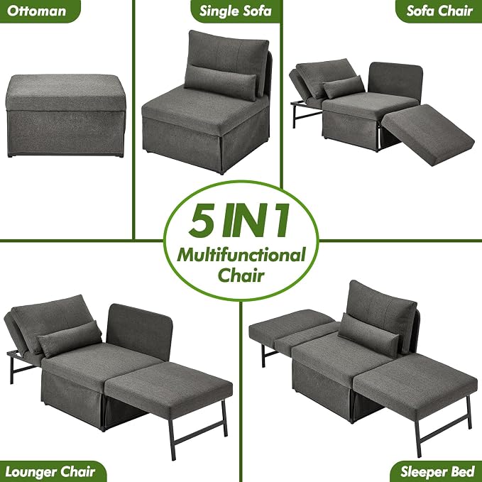 ZZW Sleeper Chair Bed Upgrade 4-in-1 to 5-in-1 Convertible Multi-fuction Sofa Chair w/Adjustable Backrest Assembly-Free Linen Folding Sofa Ottoman Bed for Living Room Apartment (Dark Grey)