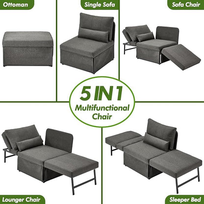 ZZW Sleeper Chair Bed Upgrade 4-in-1 to 5-in-1 Convertible Multi-fuction Sofa Chair w/Adjustable Backrest Assembly-Free Linen Folding Sofa Ottoman Bed for Living Room Apartment (Dark Grey)