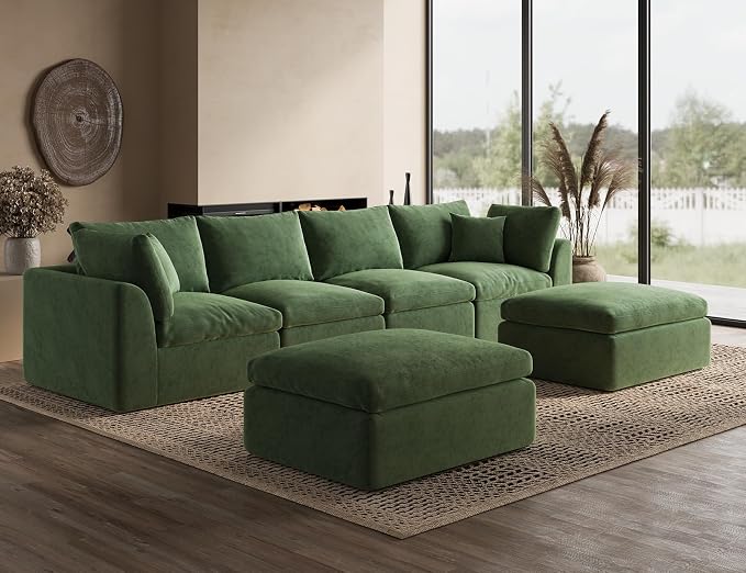 ohllob 140" U Shaped Couch, Cloud Sectional Couches for Living Room, Boneless Couch with Ottoman, Oversized 4 Seater Modular Sectional Sofa, Green
