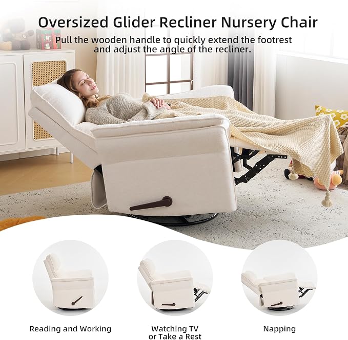 Oversized Recliner Chair, 26" Extra Wide 360° Swivel Rocker Recliner with Adjustable Headrest, Chenille Glider Rocking Nursery Chair with Overstuffed Armrest, Lumbar Support, White