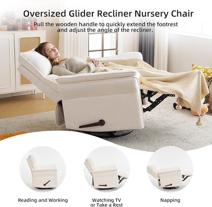 Oversized Recliner Chair, 26" Extra Wide 360° Swivel Rocker Recliner with Adjustable Headrest, Chenille Glider Rocking Nursery Chair with Overstuffed Armrest, Lumbar Support, White