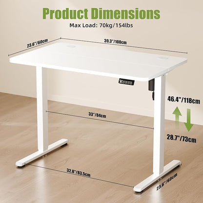 ERGOMAKER Electric Standing Desk, 39.3" x 23.6" Height Adjustable Sit Stand Desk with Splice Board for Home Office, Computer Desk Memory Preset (White Frame, White Desktop)