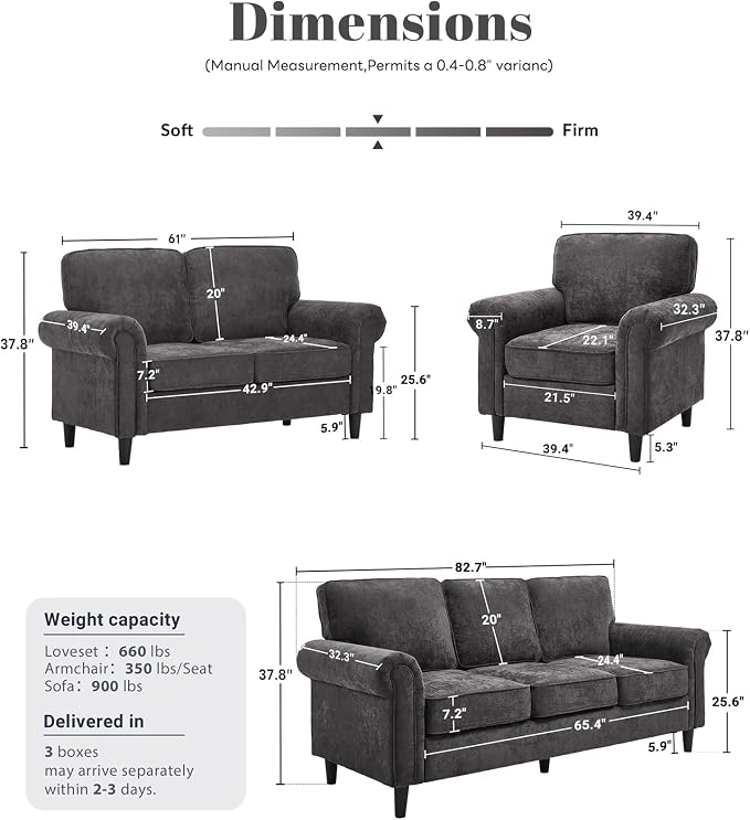 Kingfun Loveseat 2&3 Seater Couch with Chair, Mid Century Modern Chenille Sofa Set with Rolled Arms and Deep Seats, Fluffy Comfort for Living Room, Apartment, Easy Assembly, Grey
