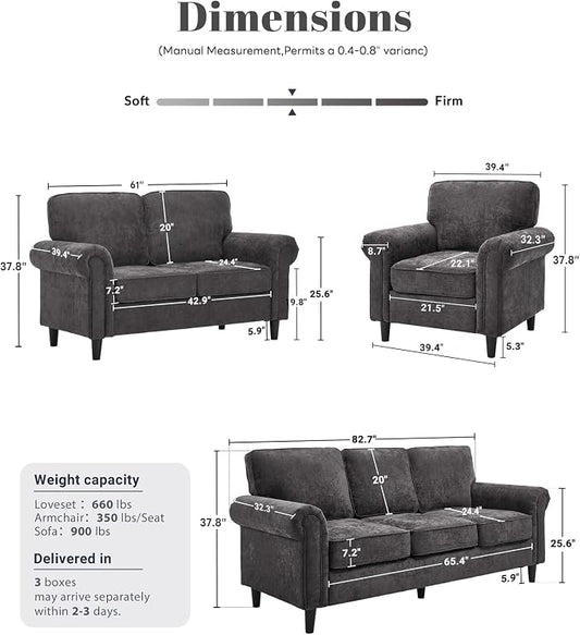 Kingfun Loveseat 2&3 Seater Couch with Chair, Mid Century Modern Chenille Sofa Set with Rolled Arms and Deep Seats, Fluffy Comfort for Living Room, Apartment, Easy Assembly, Grey