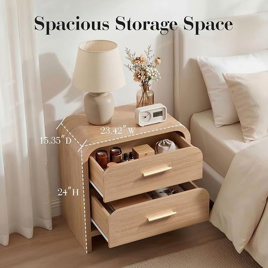 Night Stand [Unique Curved Profile] [FSC-Certified Wooden Board] 2-Drawer Nightstand 24" H Metal Handle Modern Sturdy Bedside Table Side Table End Table