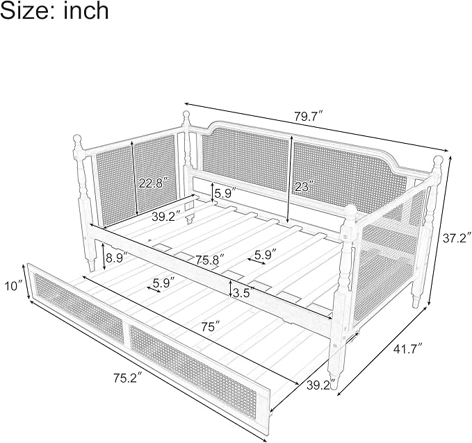 Merax Twin Size Rattan Bed Frame with Twin Size Trundle, Wood Bedframe Daybed for Bedroom, Guest Room, Limited Space, No Box Spring Needed, Antique White