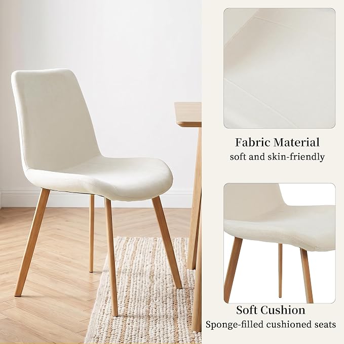HIPIHOM Dining Chairs Set of 2, Mid-Century Modern Fabric Kitchen Chairs | Curved Backrest for Comfort, High-Density Sponge Padded Seat, Heat and Stain Resistant Surface, Sturdy Wood-Grain Metal Legs