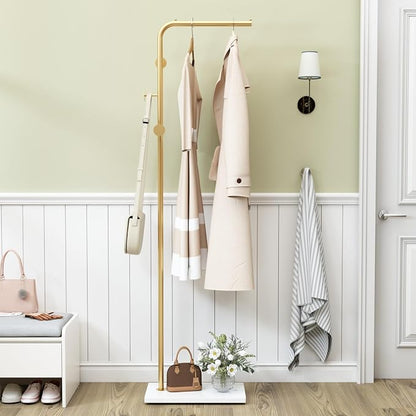 TIEOU Gold Coat Racks, Metal Coat Racks Freestanding with Crossbar and 3 Hooks, Modern Coat Hanger with Marble Base, L Shaped Coat Stand for Entryway, Bedroom, Living Room, Office