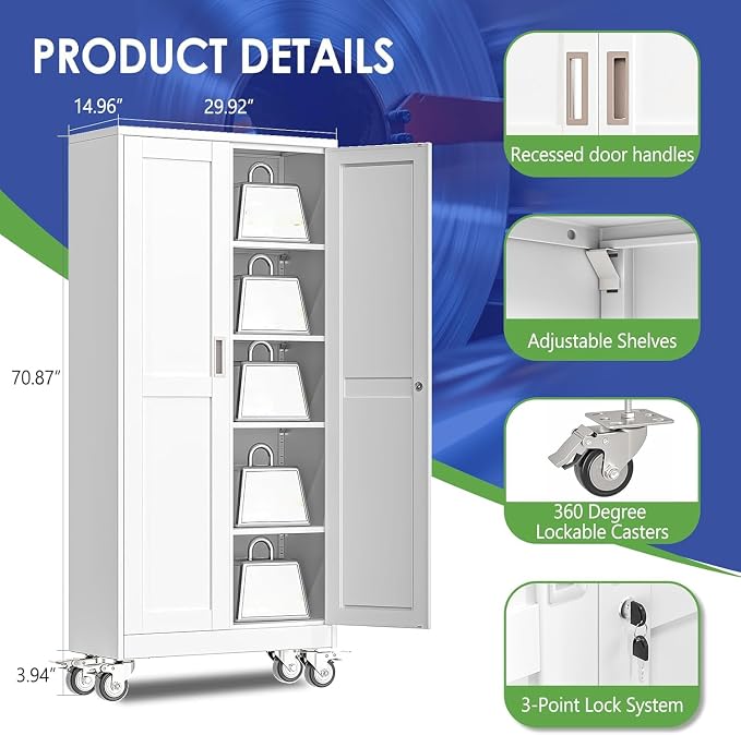 71" Metal Garage Storage Cabinet with Wheels and Locking Doors and Tall Rolling Steel Tool Cabinet with 4 Adjustable Shelves for Garage,Home,Office,Shop (White, 71''H x 30''W x15''D)