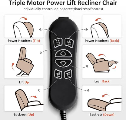 MCombo Triple Motor Lay Flat Power Lift Recliner Chair for Tall Elderly, Infinite Position, Massage, Dual Heating, Adjustable Headrest, Fabric 7634 (Coffee, Large)