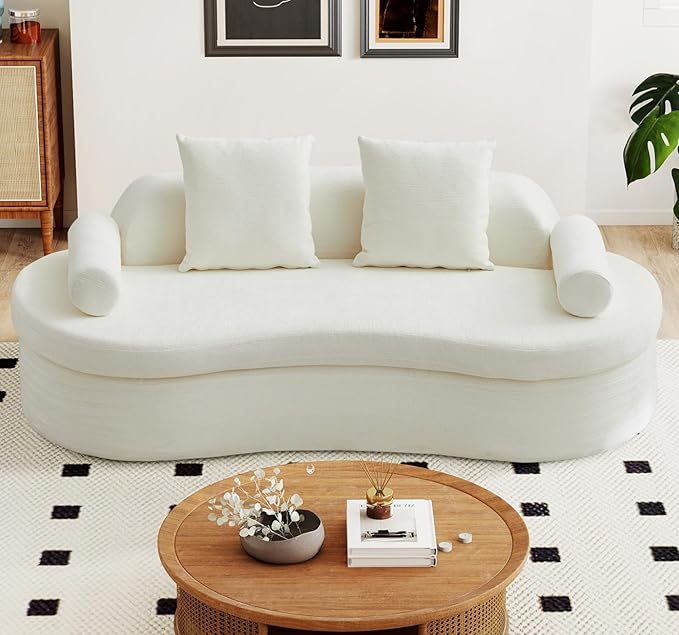 AVZEAR 78" Curved Loveseat Sofa, Chenille Upholstered 2 Seater Couch for Living Room, No Assembly Modern Love Seat Cloud Sofa with 2 Bolster Pillows & 2 Square Pillows, High-Density Foam, White