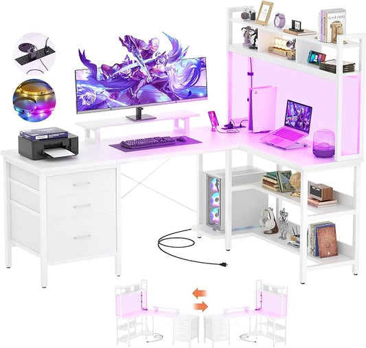 Aheaplus L Shaped Gaming Desk with Hutch, Gaming Desk with Led Lights, Reversible Computer Desk with Power Outlet, Corner Desk with File Drawer & Monitor Stand, Storage Shelves for Home Office, White