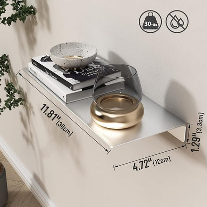 Danpoo 12 inch Metal Floating Shelves for Wall Organizer & Storage, Display Shelves for Bathroom, Living Room, Kitchen, Bedroom(Silver, 2-Pack)