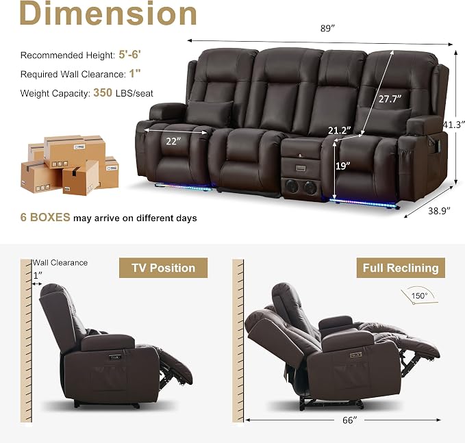URRED Power Loveseat Recliner Sofa with Massage and Heat, Wall Hugger Reclining Loveseat with Console, RV Couch Home Theater Seating with LED Lights for Living Room (Dark Brown, 89.8" - 3 Seats)