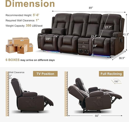URRED Power Loveseat Recliner Sofa with Massage and Heat, Wall Hugger Reclining Loveseat with Console, RV Couch Home Theater Seating with LED Lights for Living Room (Dark Brown, 89.8" - 3 Seats)