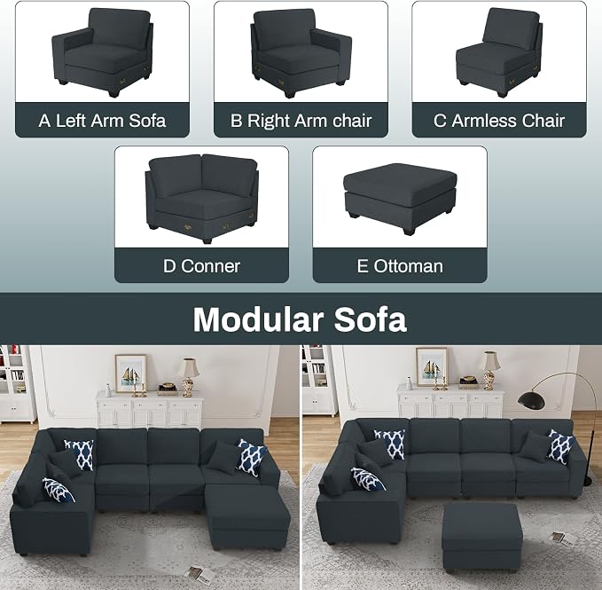 Legend Vansen Oversized Modular Sectional Sofa,U/L‑Shaped Reversible Couch with Ottoman,Deep Seat Plush Polyester Sofa for Living Room,6‑Seater,Charcoal