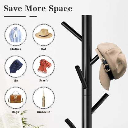 Wooden Coat Rack Freestanding with 8 Hooks,Easy Assembly New Zealand Pine Tree Coat Racks, 3 Adjustable Sizes for Clothes, Hats, Bags, for Entryway, Hallway, Bedroom, Office (Black, 2 PCS)