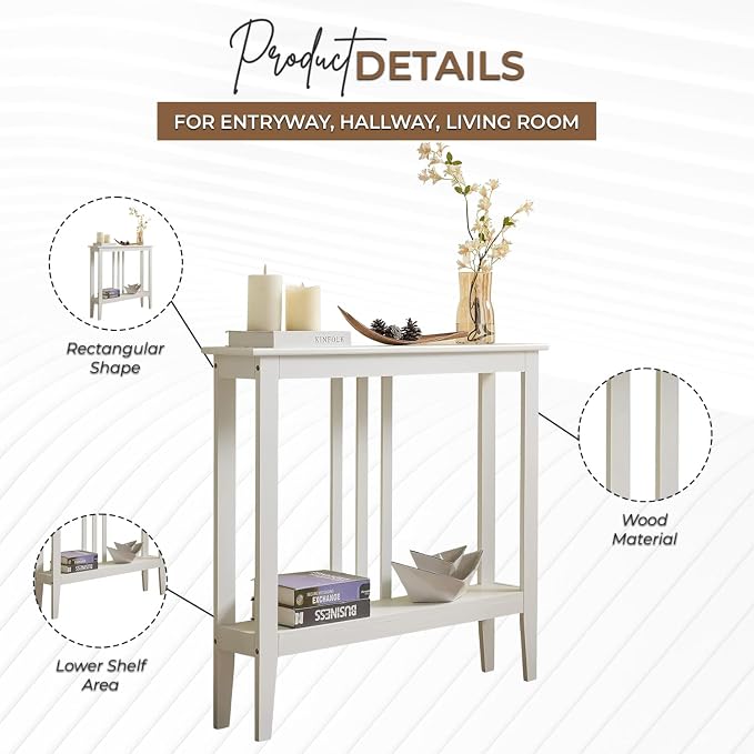 Kings Brand Furniture Narrow Console Table with Storage – Rectangular Entryway & Behind Sofa Table, Wood Accent Hallway Table for Foyer or Living Room, White