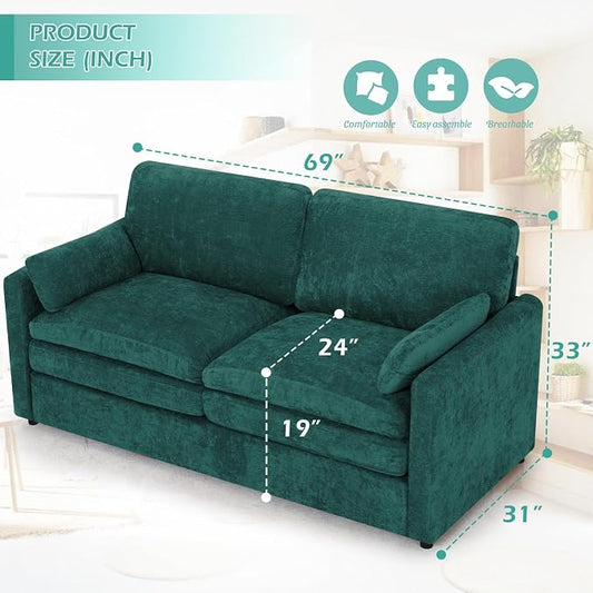 3 Pieces Chenille Sofa Set w/Arm Pillows, Upholstered Loveseat & 2 Pieces 3 Seater Sofa w/Comfortable Back Cushions, Modern 2-Seat & 3-Seat w/High-Density Foam for Living Room, Teal