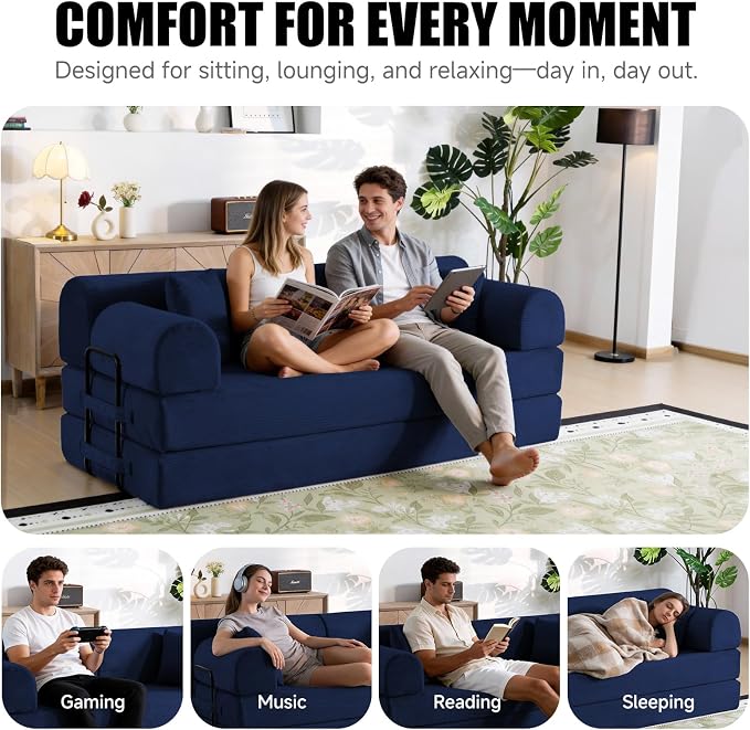 78.8" Memory Foam Boneless Couch, Corduroy Floor Sofa Bed, Convertible Sleeper Futon Loveseat, Wide Armrests & Back Support, Supports Up to 1200 lbs, Couch in a Box with 2 Pillows, Navy Blue