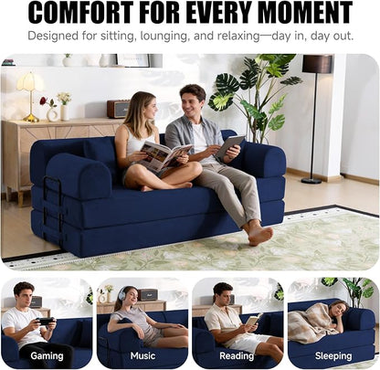 78.8" Memory Foam Boneless Couch, Corduroy Floor Sofa Bed, Convertible Sleeper Futon Loveseat, Wide Armrests & Back Support, Supports Up to 1200 lbs, Couch in a Box with 2 Pillows, Navy Blue