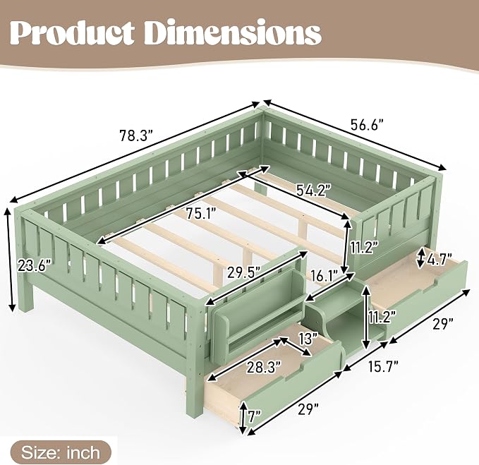 Bellemave Full Kids Montessori Bed with Stairs, Bookshelf and Drawers, Solid Wood Kids Bed Frame with Storage for Boys Girls, Low Profile,Green