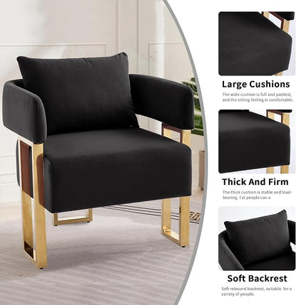 YISHENG Modern Barrel Accent Chairs Set of 2, Living Room Side Chairs with Golden Metal Legs Velvet Upholstered Reading Armchairs no Wheels for Vanity/Reception Room//Bedroom/Lounge/Office, Black