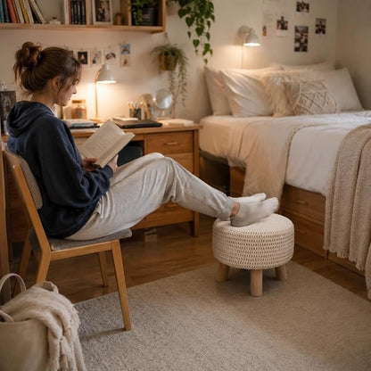 Wimarsbon Pouf Ottoman, 100% Cotton Knitted Boho Footstool, Round Footrest with Non-Skid Wood Legs, Home Décor Handmade Pouffe, Leisure Floor Step Stool for Living Room (Beige)