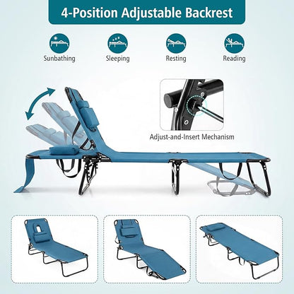 GYMAX Beach Lounge Chair, Sunbathing Chair Patio Lounge Chair Folding Adjustable Recliner with Hole for Face